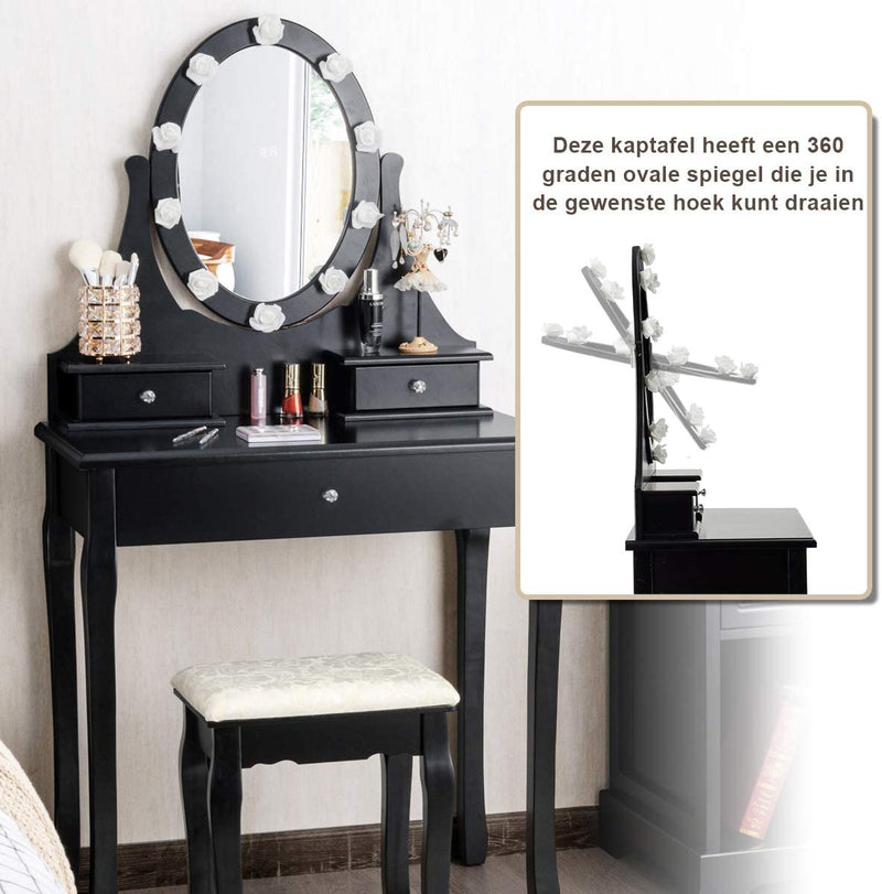 Kaptafel met 10 plastic roze-vormige LED-lampjes, 360° roterende ovale make-up spiegel, 3 lades kaptafel met gedempte kruk, make-uptafel voor slaapkamer (Zwart)