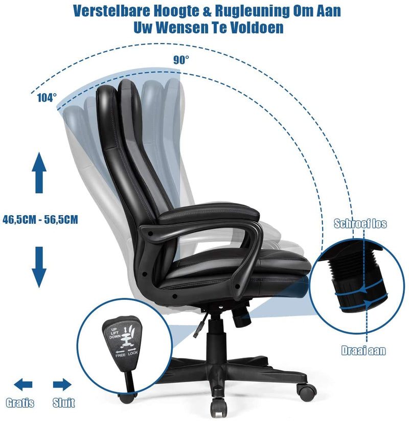 Ergonomische bureaustoel met hoge rugleuning, computer bureaustoel met arm, lederen directiestoel met 108,5-118,5 CM Verstelbare hoogte en lendensteun, gewatteerde stoel voor thuis en kantoor