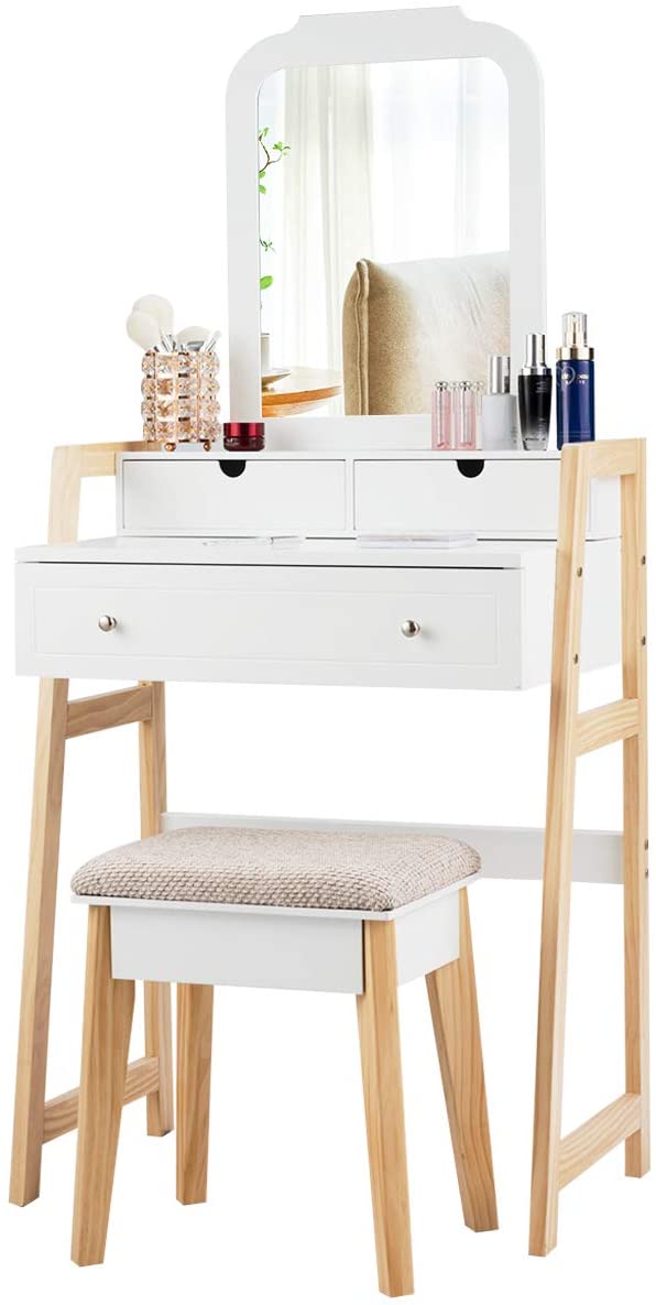 kaptafel set, make-up Ijdelheidstafel met 3 lades en 2-laags tafelblad, Cosmetische organisator met grote spiegel en gedempte kruk, slaapkamer- en studeerkamer meubilair voor vrouwen en meisjes