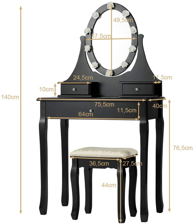 Kaptafel met 10 plastic roze-vormige LED-lampjes, 360° roterende ovale make-up spiegel, 3 lades kaptafel met gedempte kruk, make-uptafel voor slaapkamer (Zwart)