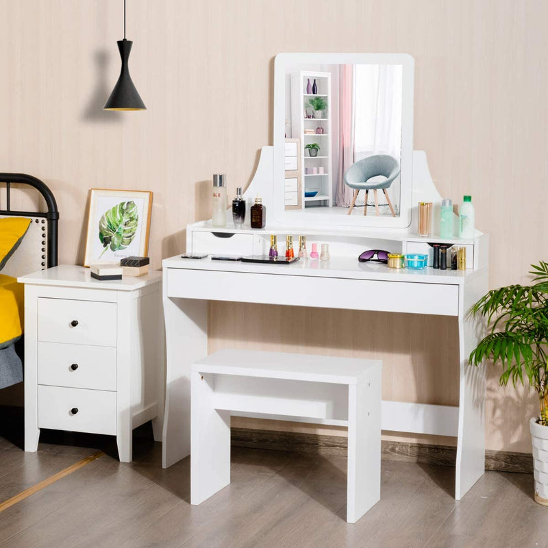 Kaptafel, make-up tafel met spiegel en kruk, houten kaptafel, kaptafel met 3 laden