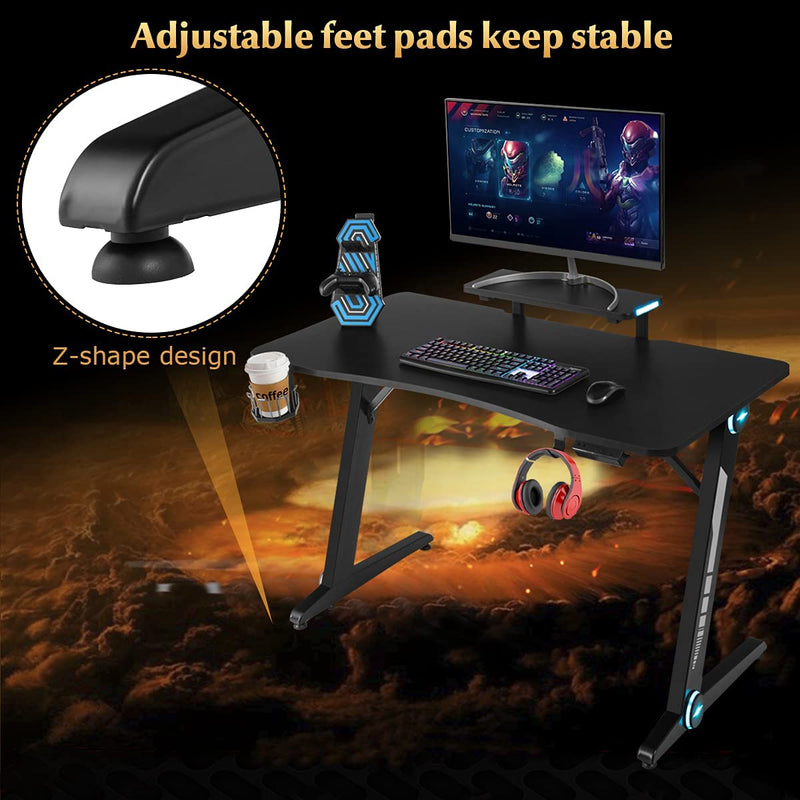Gaming computer bureau met monitor standaard, Z-vormige , PC gamer tafel met RGB verlichting, bekerhouder, hoofdtelefoon haak,