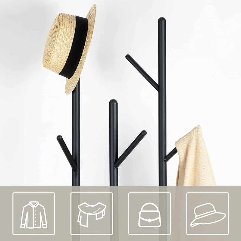 Kapstok, vrijstaand kledingrek, garderobe in boomvorm met 8 haken, 2 ronde planken, voor kleding, hoed, tas, woonkamer, slaapkamer, kantoor, donkerbruin-zwart