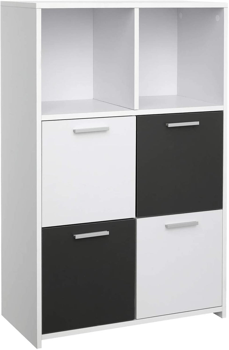 Boekenplank met 6 vakken, staande plank, boekenkast met 4 deuren, opbergkast, modern, wit-grijs LBC28WG
