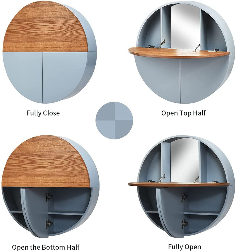 Wandmontage ronde kaptafel set, ronde zwevende kaptafel met uitklapbaar tafelblad, kaptafel kast met 7 compartimenten en spiegel, ronde kast voor kleine ruimte (Grijs)