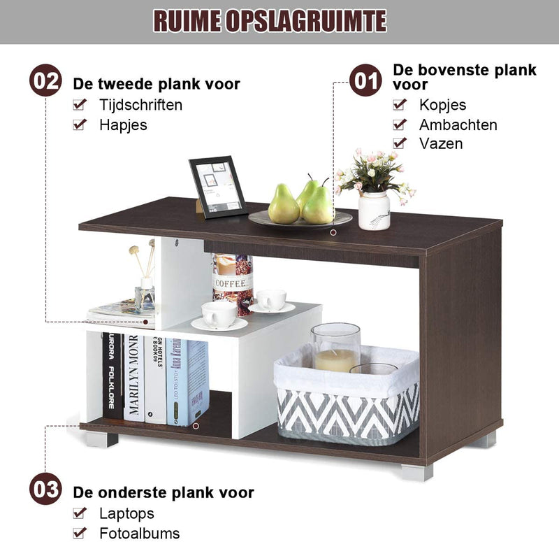 Koffietafel, Rechthoekige theetafel met opbergrek, 3-laags bank tafel, Moderne Consoletafel, Ruimtebesparende Organisator, Meubilair voor Thuiskantoor