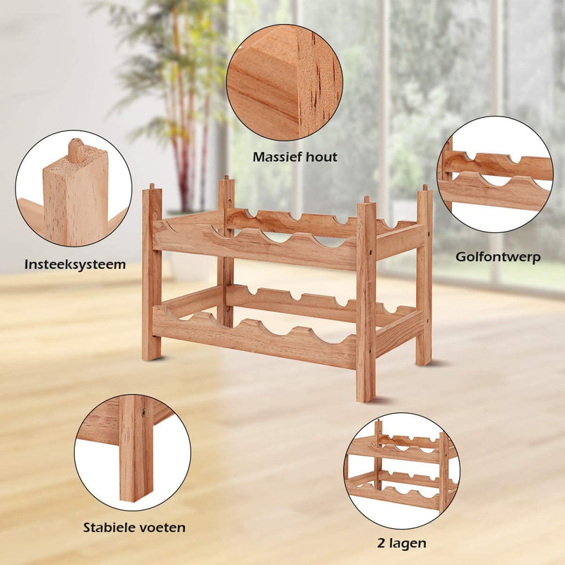 Houten Wijnrek, 2-lagen 8 flessen wijnfles houder, 100% grenen hout, golf ontwerp, glad oppervlak, stapelbare aanrecht wijn organisator voor keuken, cafe, bar, eetkamer (8-flessen)