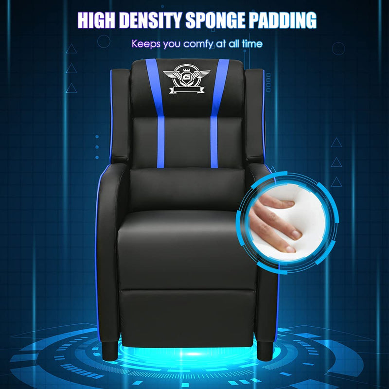 Gaming leunstoel fauteuil, PU lederen enkele leunstoel relaxstoel, verstelbare moderne woonkamer ligstoel, televisiestoel met voetsteun en lumbaal kussen, thuisbioscoop zittingen (Blauw)