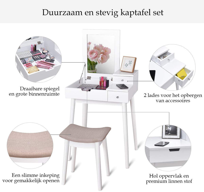 Kaptafel Set, Kaptafel met Draaibare Bovenkant Spiegel, Verborgen compartiment en twee laden, woonkamer slaapkamer opslag organisator, Make-up tafel met zachte gewatteerde kruk