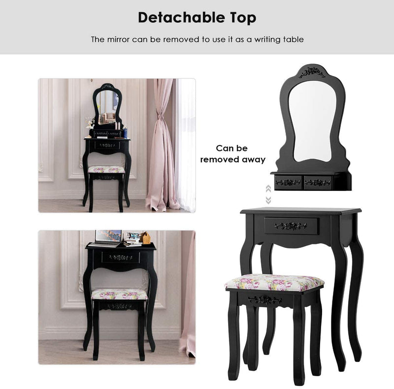 Kaptafel set met waaiervormige spiegel, make-up tafel met kussentje en 3 lades, kaptafel voor cosmetica opslag, 2 in 1 klassiek kaptafel set met afneembare bovendeel, cadeau voor meisjes (Zwart)