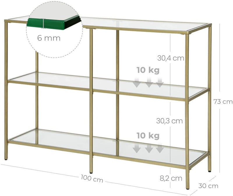 Consolettafel, gangtafel, 3 niveaus, bijzettafel, planken van gehard glas, 100 x 30 x 73 cm, metalen frame, modern, voor hal, woonkamer, slaapkamer, goudkleurig LGT27G