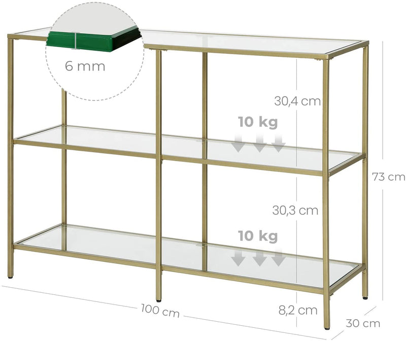 Consolettafel, gangtafel, 3 niveaus, bijzettafel, planken van gehard glas, 100 x 30 x 73 cm, metalen frame, modern, voor hal, woonkamer, slaapkamer, goudkleurig LGT27G