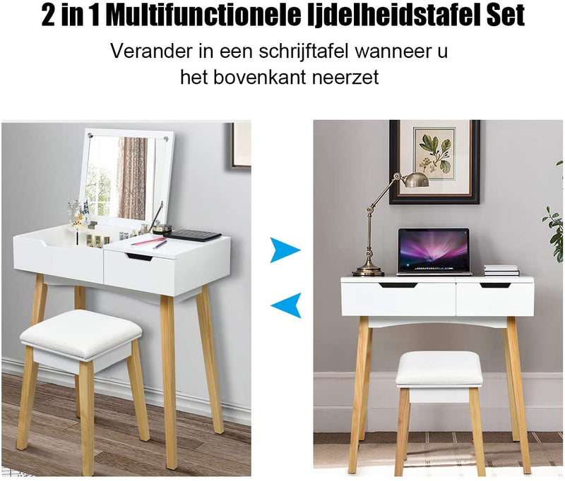 Kaptafel set met opklapbare spiegel,  kaptafel met gedempte kruk, opvouwbaar bureau met lade,  makeup kaptafel