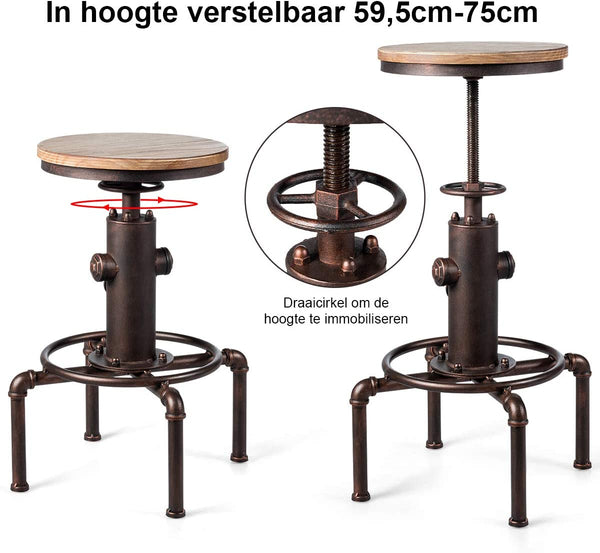 barkruk, vintage kruk met ergonomische voetsteun, in hoogte verstelbare barkruk met grenenhouten zitting,