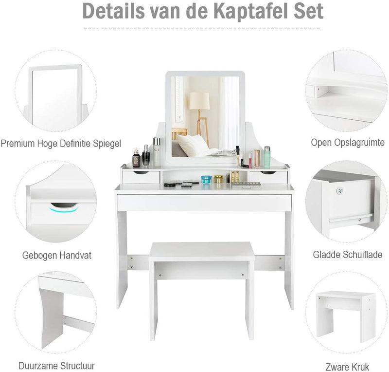 Kaptafel, make-up tafel met spiegel en kruk, houten kaptafel, kaptafel met 3 laden