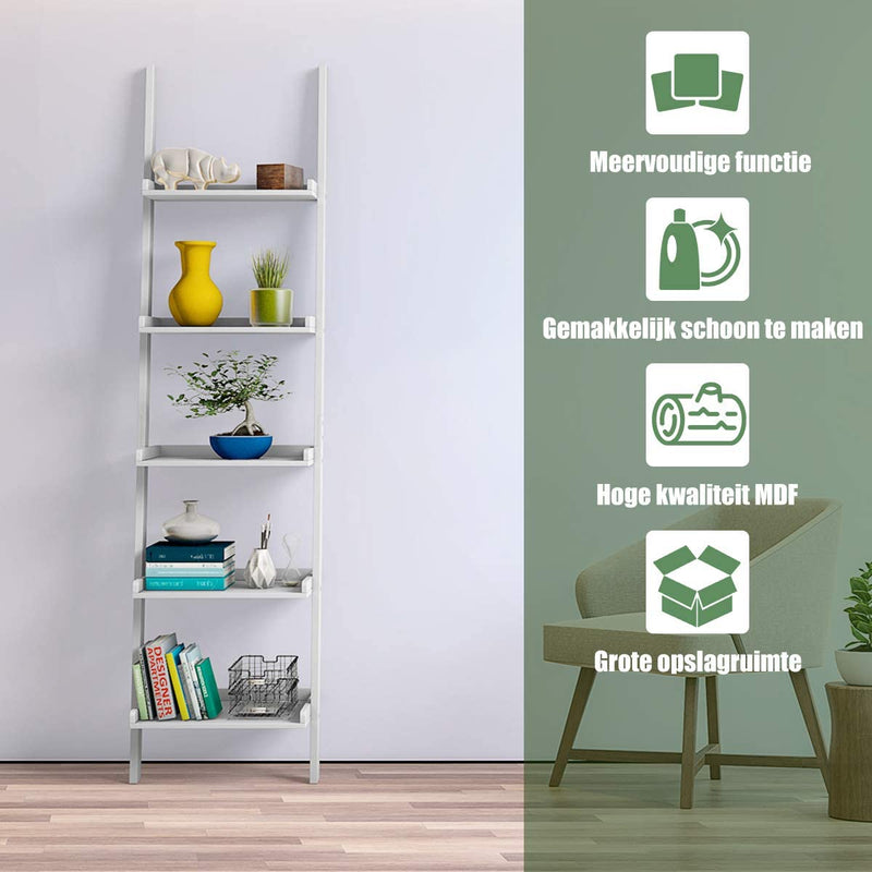 Ladder plank, 5 laags muur-Leunende boekenplank Ladder boekenkast, (Wit)