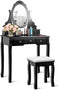 Kaptafel set, houten kaptafel, make-up tafel en stoel set, met 360 graden draaibare (Zwart)