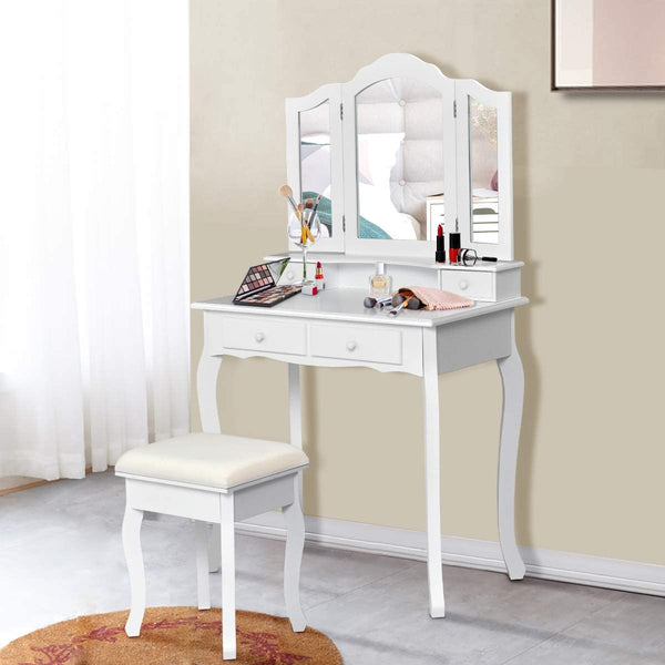 make-up tafel set met drie vouwen spiegel & gedempte kruk, kaptafel met vier lades,  (Wit)
