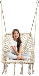 hangstoel, hangende katoenen touw schommelstoel met metalen hoepels, comfortabele vrije tijd geweven kwast hangstoel voor binnen, buiten, tuin, terras, slaapkamer, 120 kg capaciteit