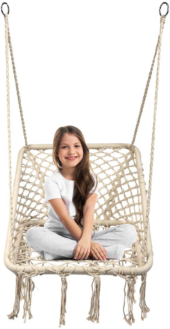 hangstoel, hangende katoenen touw schommelstoel met metalen hoepels, comfortabele vrije tijd geweven kwast hangstoel voor binnen, buiten, tuin, terras, slaapkamer, 120 kg capaciteit