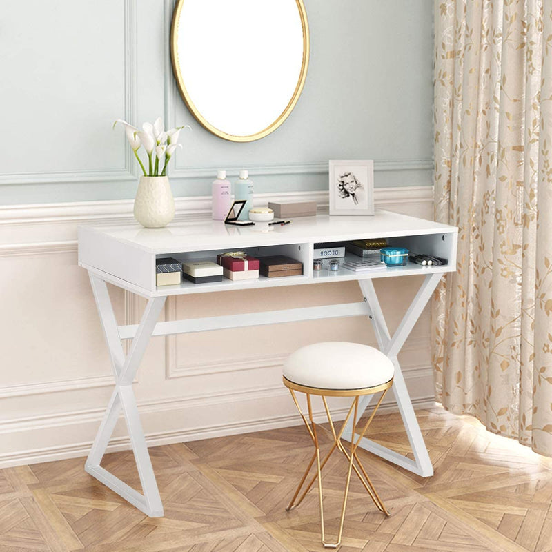 Moderne Schrijfbureau, Multifunctionele Tafel met 2 Laden, MDF Bureaublad en ijzeren tafelpoten, Computer Bureau