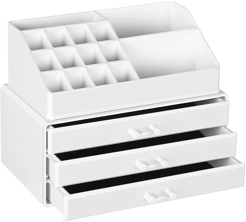 Make-up Organizer van acryl, cosmetica organizer met 3 lades en 15 vakken in verschillende maten, anti-slip inzetstukken, voor make-up en sieraden, wit JKA002WT