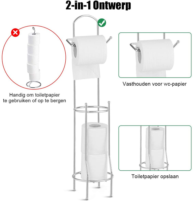 Toiletpapierhouder, mooie chromen afwerking en ijzeren frame, vrijstaande toiletpapierrolhouder