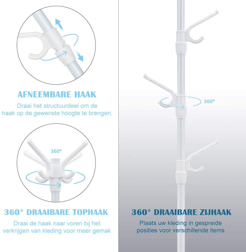 Kapstok, Staande Kleding hanger met afneembare haken en opvouwbare poten, gemakkelijk te monteren, duurzaam staal, wit