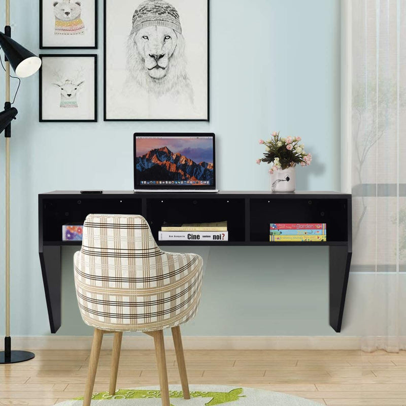 Muur gemonteerd zwevend computerbureau, hout PC werken studietafel computertafel bureau met 3 opbergplanken voor slaapkamer, woonkamer, 108 x 53 x 52cm (Zwart)