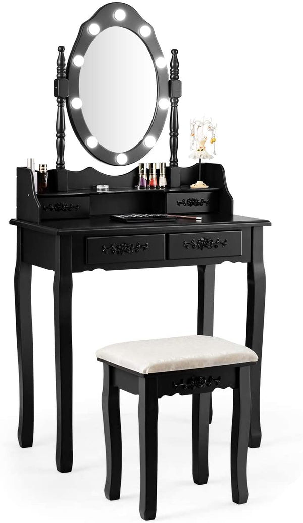 Kaptafel met ovale spiegel en 10 dimbare LED-lampen, klassieke make up tafel met 4 opberg lades in verschillende maten, stabiel schoonheidsstation in grenen houten poot en antislip pootdop (Zwart)