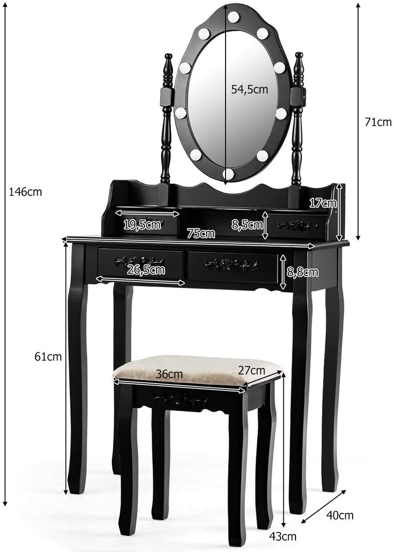 Kaptafel met ovale spiegel en 10 dimbare LED-lampen, klassieke make up tafel met 4 opberg lades in verschillende maten, stabiel schoonheidsstation in grenen houten poot en antislip pootdop (Zwart)