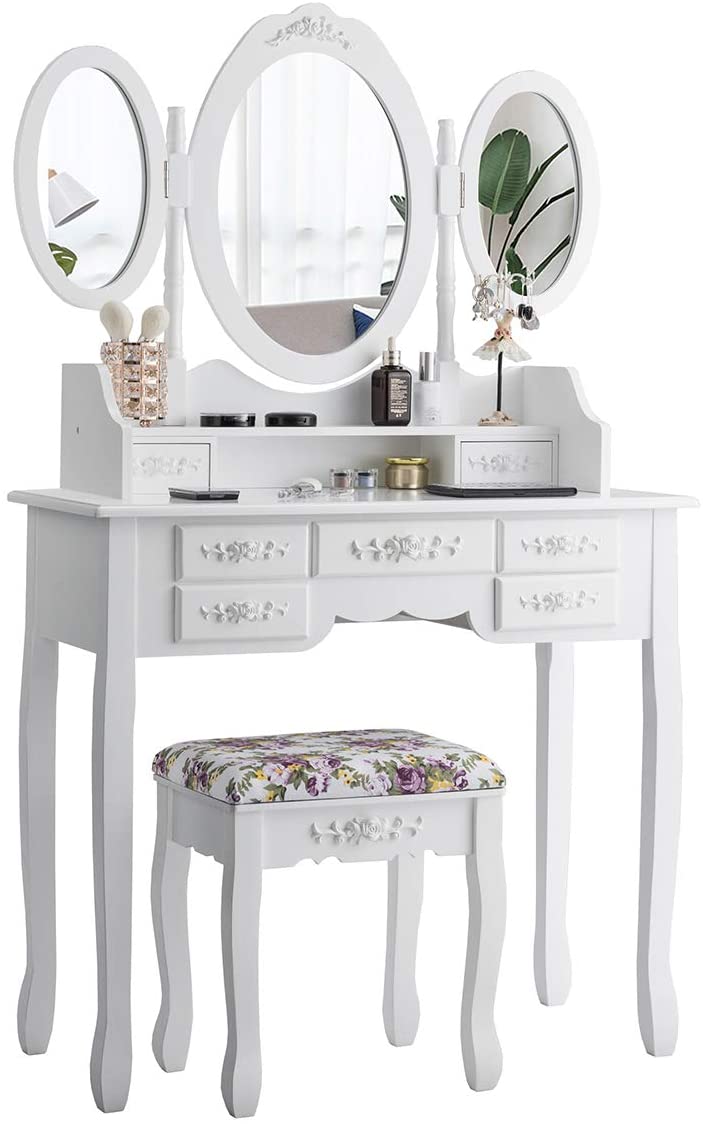 Kaptafel met opvouwbare spiegels, elegante make-up tafel en kussen set met 7 lades en open plank, kaptafel set voor thuis, appartement (Wit)