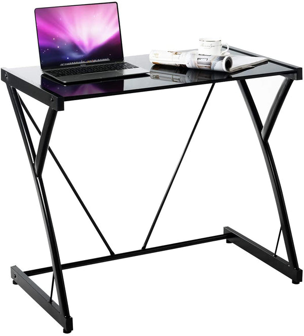 Computer bureau, computertafel schrijftafel met gehard glazen top, Z-vorm , computerbureau studiebureau met verstelbare poten, 80 x 50 x 70,5 cm