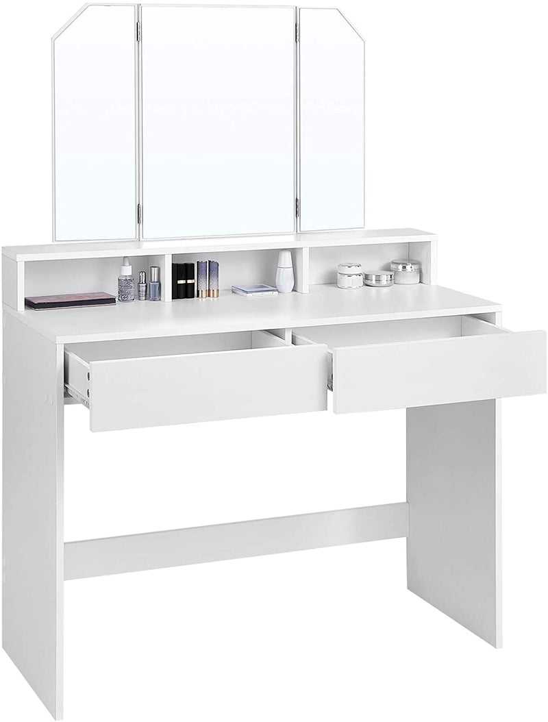 Kaptafel, kaptafel met opklapbare spiegel en 2 laden, cosmetische tafel met 3 open compartimenten, kaptafel, voor make-up, modern, wit RDT115W01