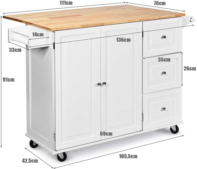 keukenrolley, keukenwagen, Serveerwagen, met kruidenrek, handdoekenrek, lade en slagerijblok, opbergkast met verstelbare planken, (Wit)