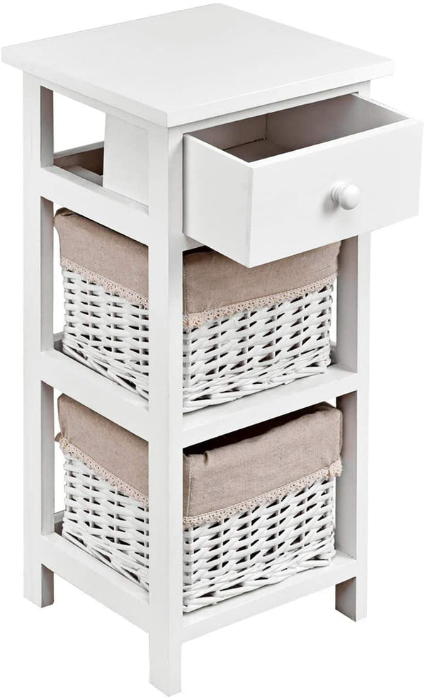 3-laags houten nachtkastje, modern nachtkastje met 1 lade en 2 opbergmanden, (Wit)