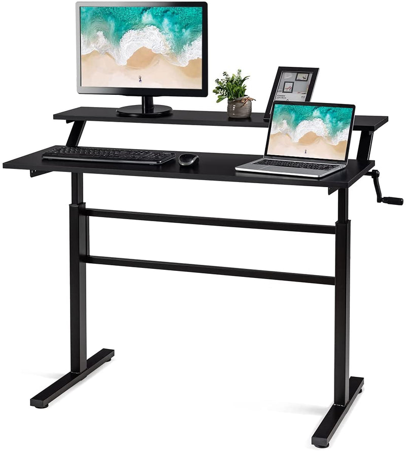 hoogte verstelbaar bureau, zit-sta-werkstation met monitorplank, ergonomische computer tafel voor thuiskantoor (Zwart)