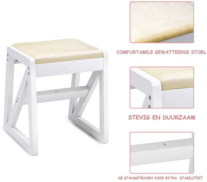 Kaptafel met opklapbare spiegel,  make-up kaptafel, bureau met dempende make-up krukset, 2 lades