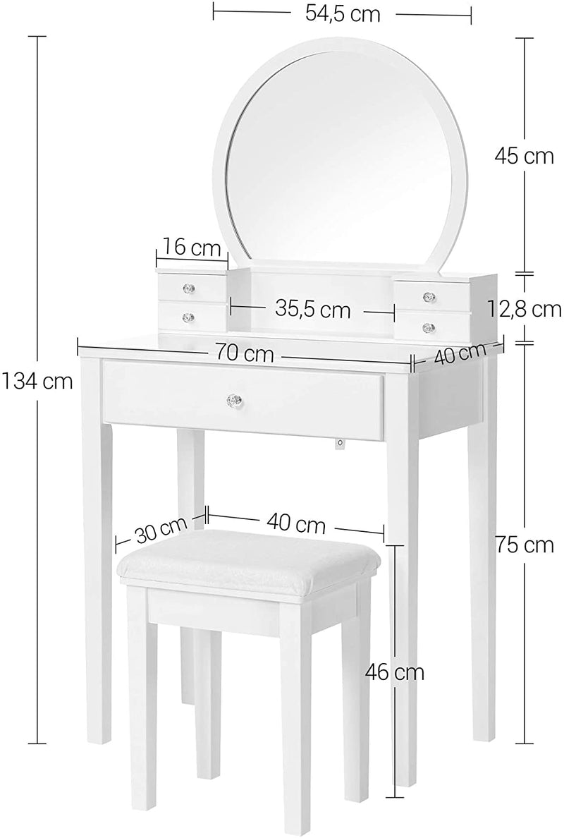 kaptafel set, make up tafel met spiegel, gewatteerde kruk, 5 laden, 70 x 40 x 134 cm, wit RDT152W01
