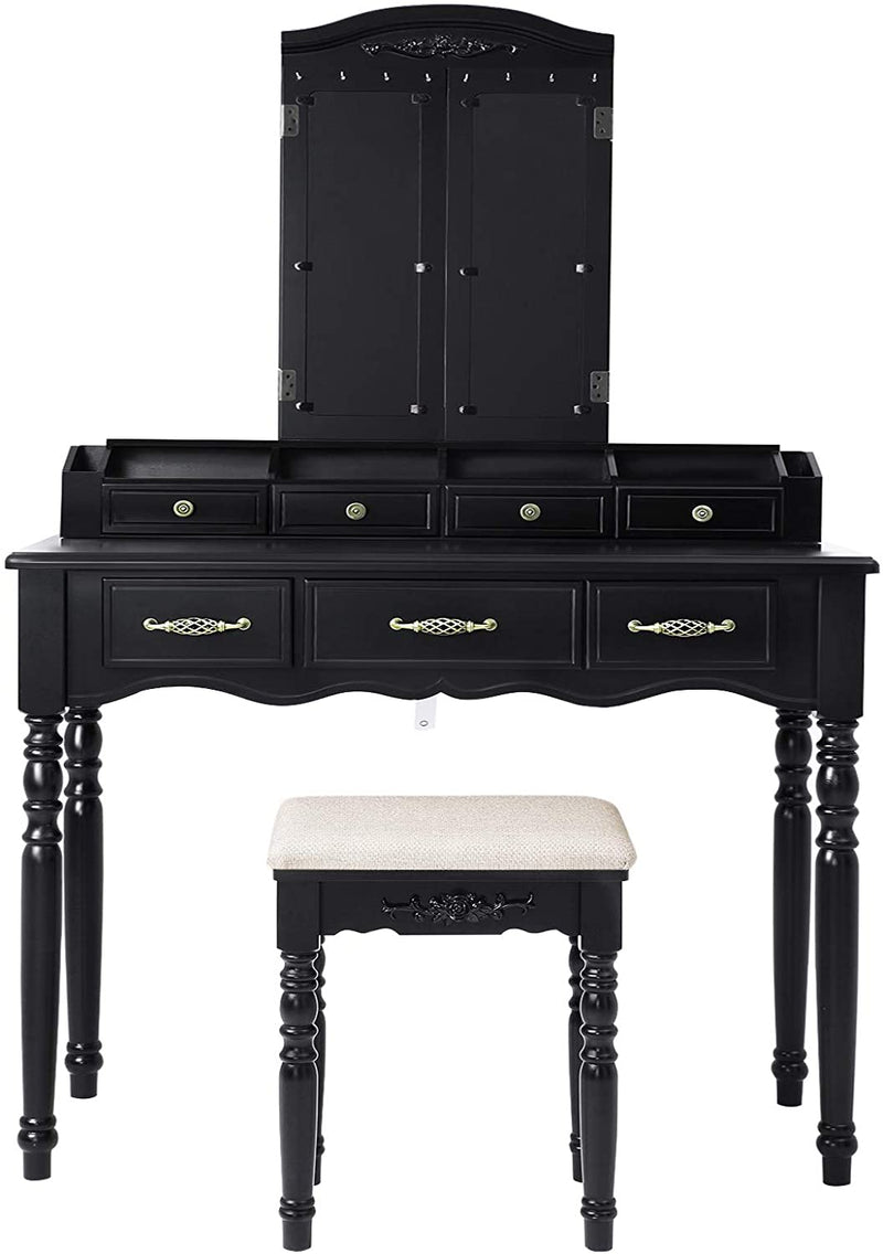 kaptafel met 7 lades, kaptafel met gestoffeerde kruk, 3-delige inklapbare spiegel met haak voor kettingen, 4 open vakken, 2 smalle vakken voor borstels, houten poten, zwart RDT60BK