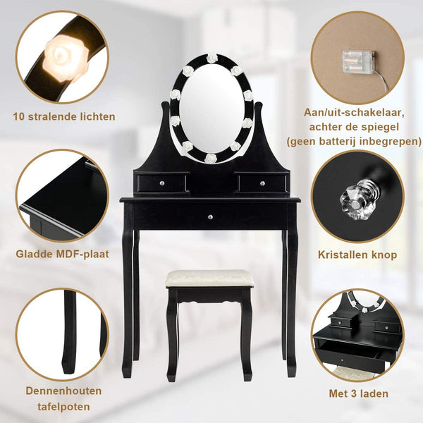 Kaptafel met 10 plastic roze-vormige LED-lampjes, 360° roterende ovale make-up spiegel, 3 lades kaptafel met gedempte kruk, make-uptafel voor slaapkamer (Zwart)
