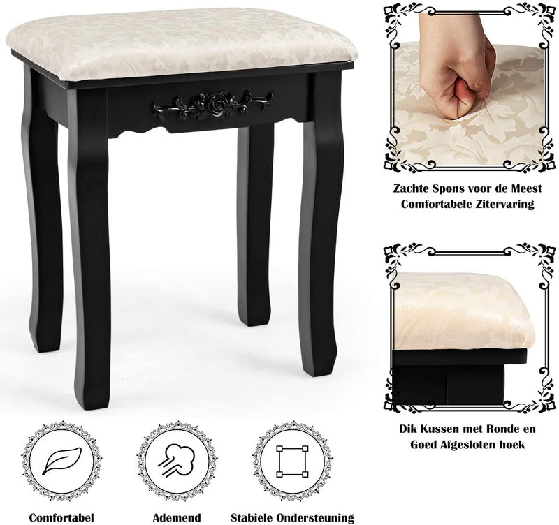 Kaptafel met ovale spiegel en 10 dimbare LED-lampen, klassieke make up tafel met 4 opberg lades in verschillende maten, stabiel schoonheidsstation in grenen houten poot en antislip pootdop (Zwart)