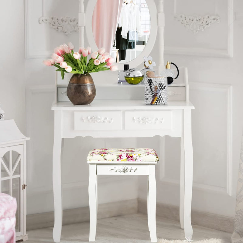 Houten kruk voor kaptafel, gewatteerde make-up kruk met roze kussen massief grenen poten, comfortabele zachte stoel voor slaapkamer, 100 kg gewichtscapaciteit (Wit)