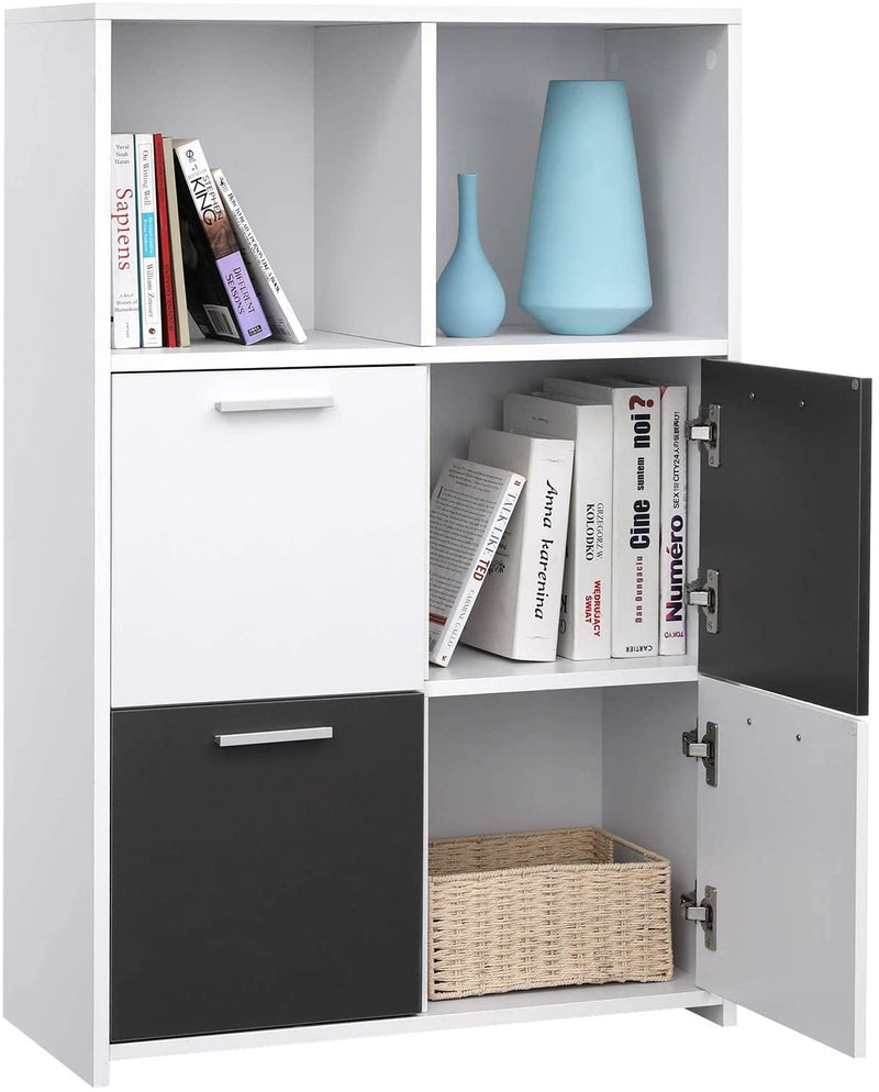 Boekenplank met 6 vakken, staande plank, boekenkast met 4 deuren, opbergkast, modern, wit-grijs LBC28WG