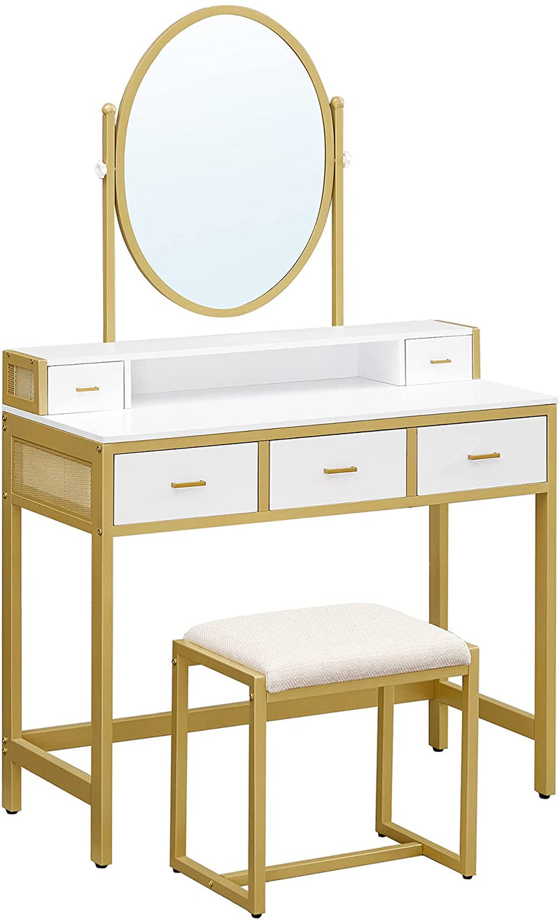 makeup table, kaptafel met spiegel ,met krukje, cosmeticatafel met ovale spiegel en open vak, lades,  wit-goud