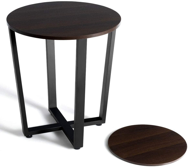 Ronde bijzettafel, 2-laags accent tafel met houten tafelblad ,eenvoudige montage (Donkerbruin)