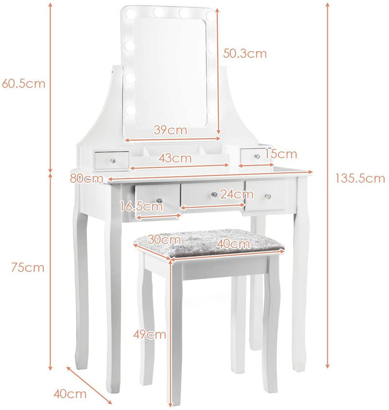 Kaptafel set met rechthoekige spiegel en gedempte kruk, make-up tafel met 10 LED-dimbare gloeilampen, met 5 laden(Zwart)