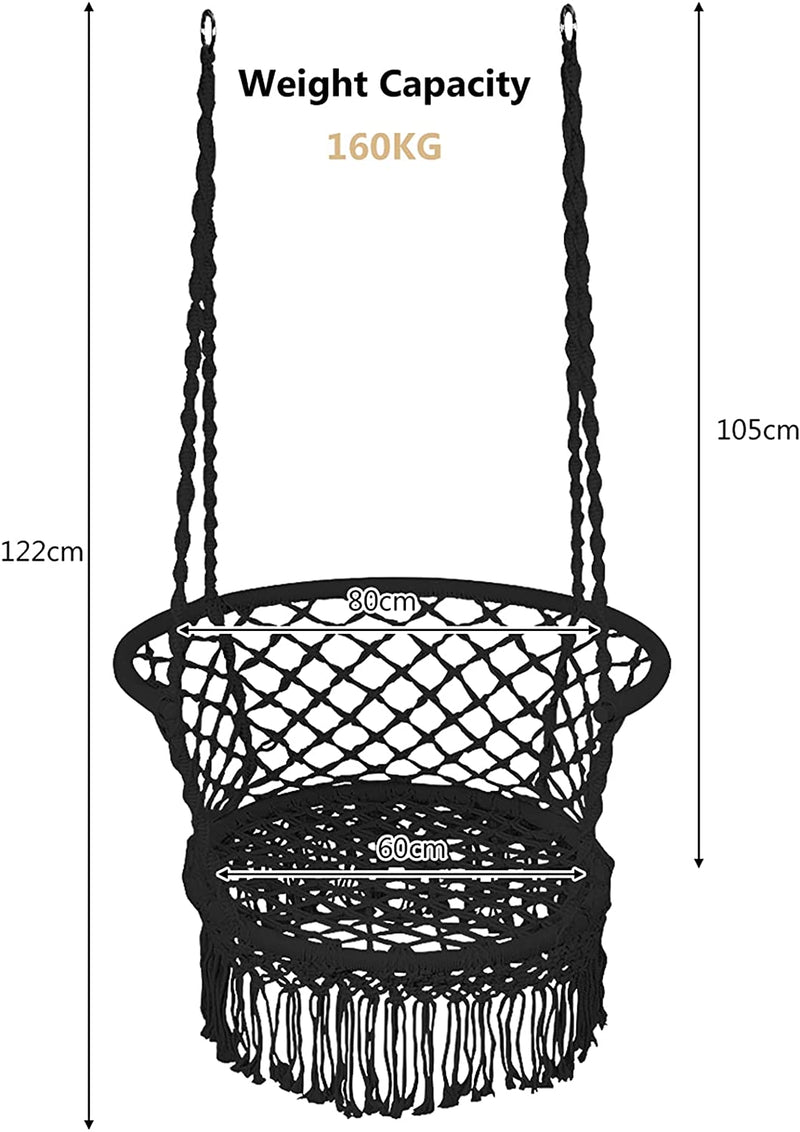 Hangstoel macrame schommelstoel, hangende katoenen touw stoel met kwastjes, maximaal 160kg (kussens niet inbegrepen) (Zwart)