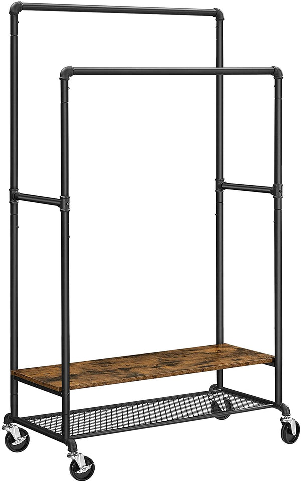 Kledingrek met 2 kledingstangen, garderobestandaard met 2 planken, met wielen, industrieel design, vintage bruin-zwart RGR120B01