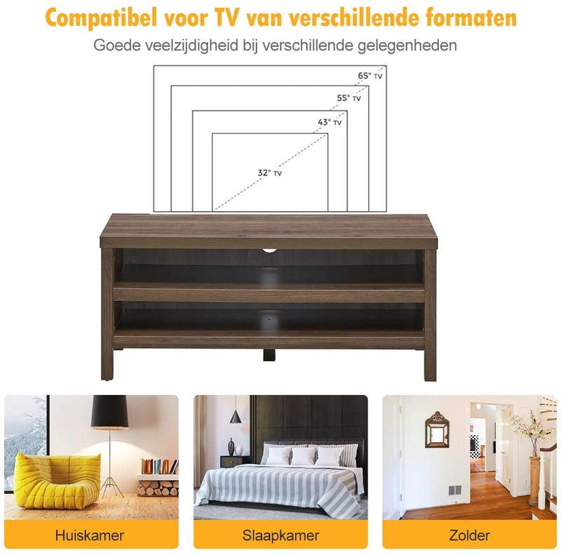 tv-meubel, tv-tafel met 2 open opslagplanken, houten tv-lowboard, 106,5 x 44,5 x 46cm, moderne tv-plank, tv-kast voor woonkamer, slaapkamer en entertainmentkamer, walnoot